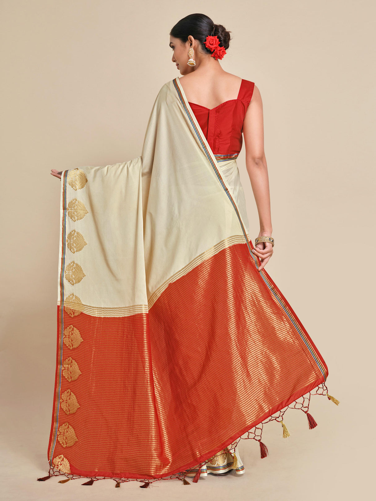 Mimosa Womens Crepe Saree Mysore Silk style Halfwhite Color