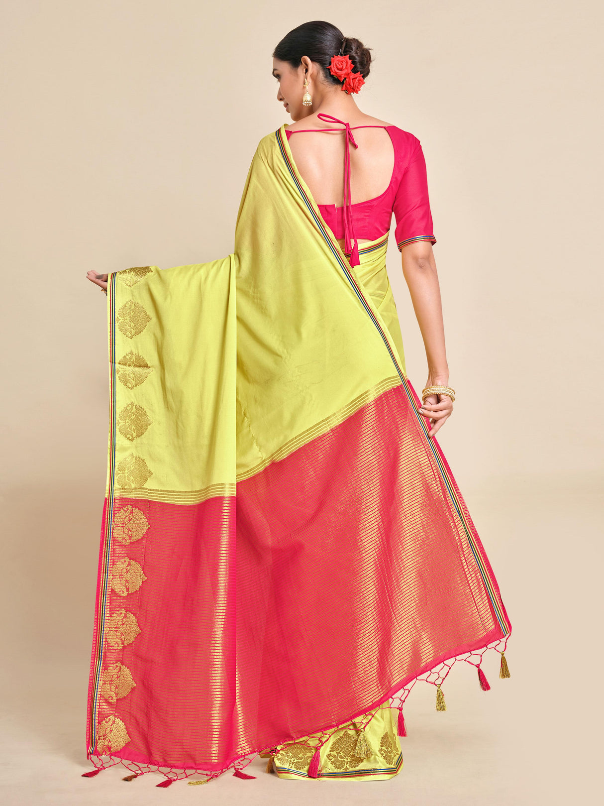 Mimosa Womens Crepe Saree Mysore Silk style Yellow Color