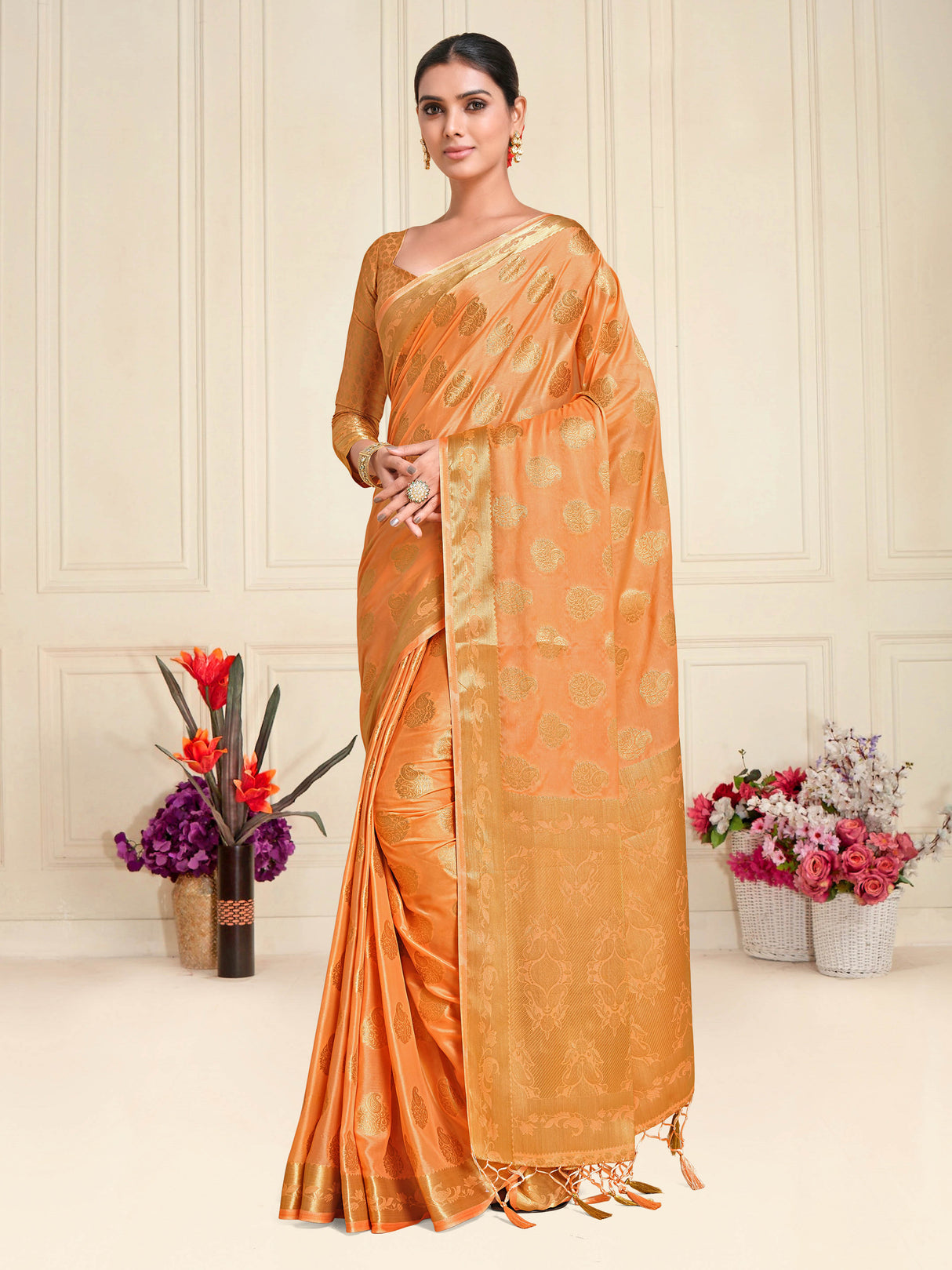 Mimosa Womens Crepe Saree Mysore Silk Peach Color