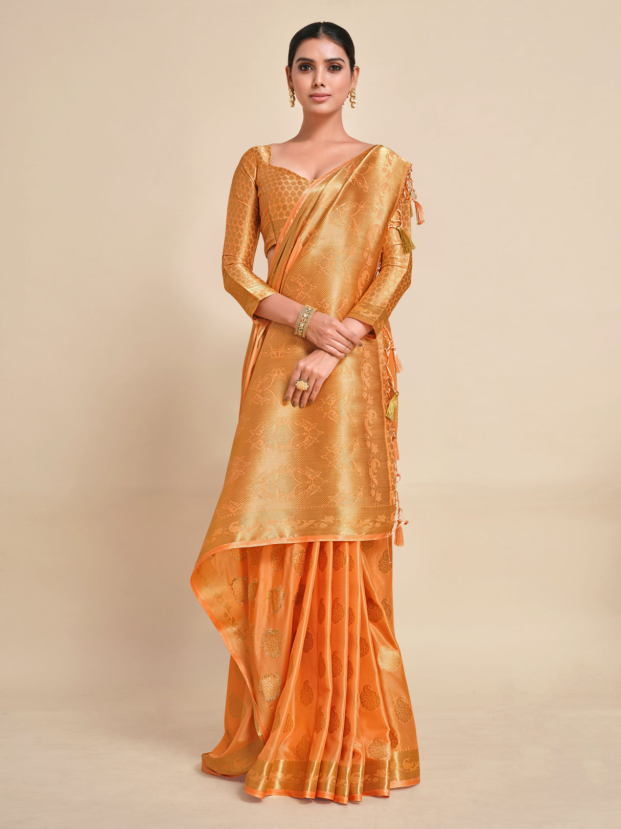 Mimosa Womens Crepe Saree Mysore Silk Peach Color