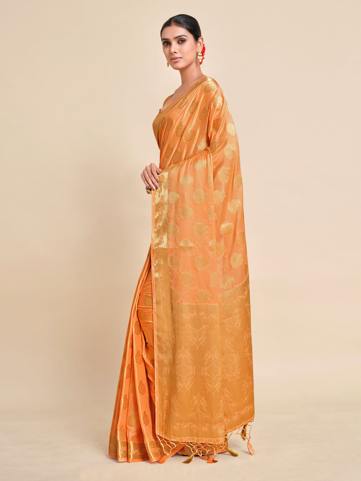 Mimosa Womens Crepe Saree Mysore Silk Peach Color