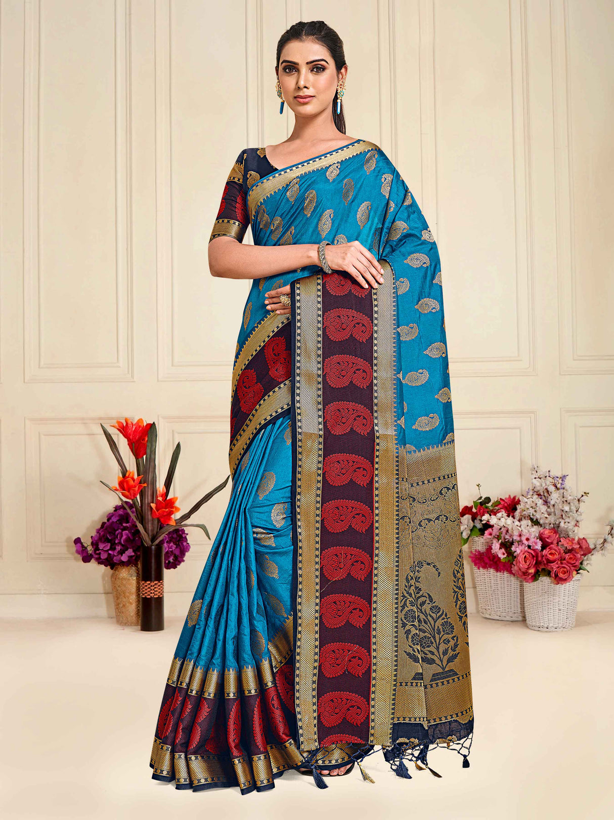 Mimosa Womens Art Silk Saree Kanjivaram Saffire Color