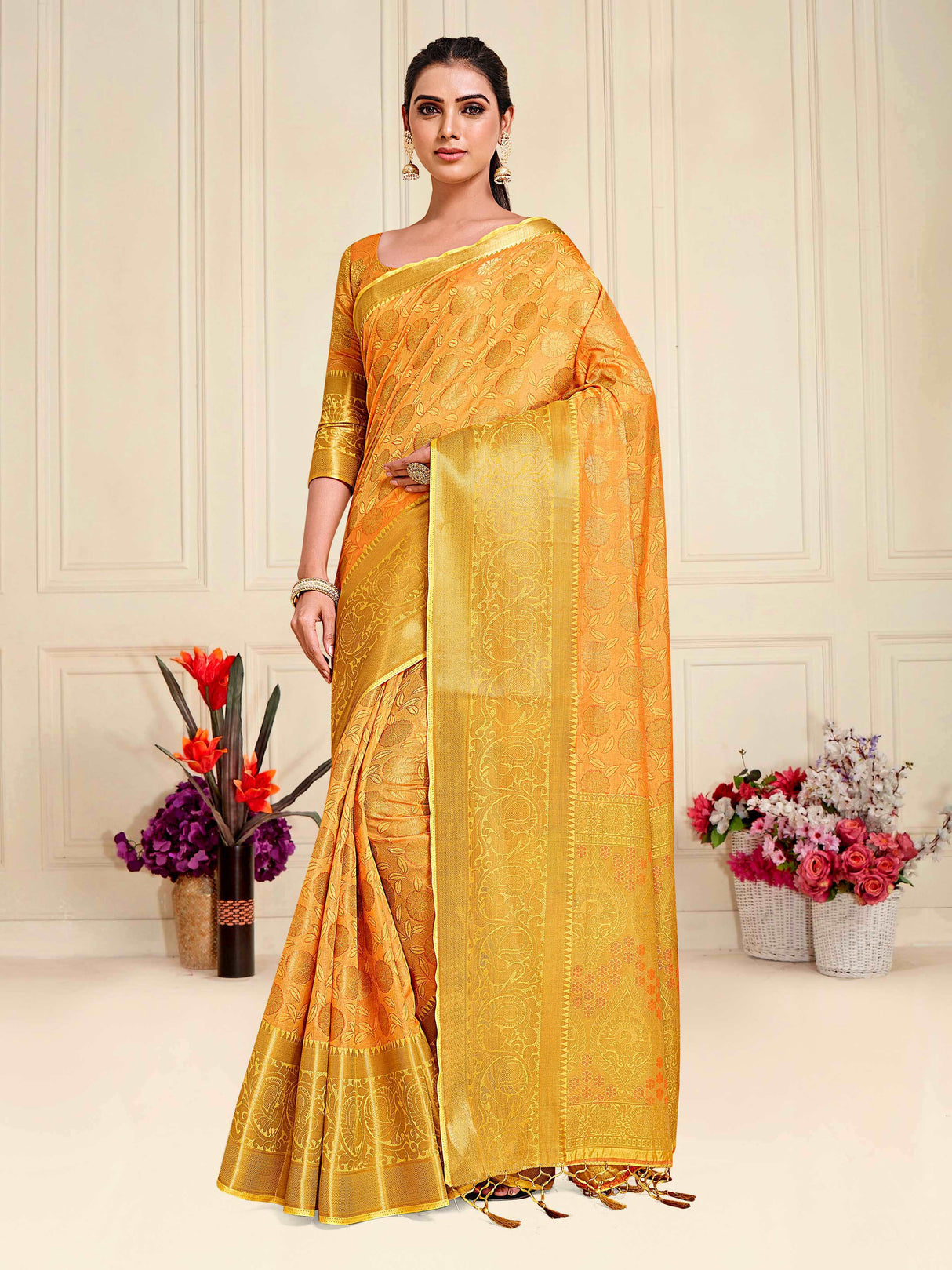 Mimosa Womens Art Silk Saree Kanjivaram Yellow Color