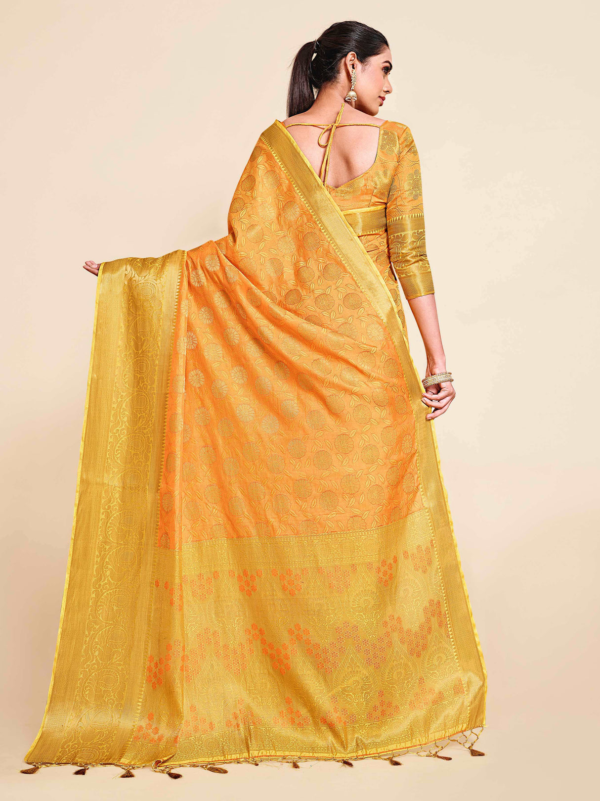 Mimosa Womens Art Silk Saree Kanjivaram Yellow Color