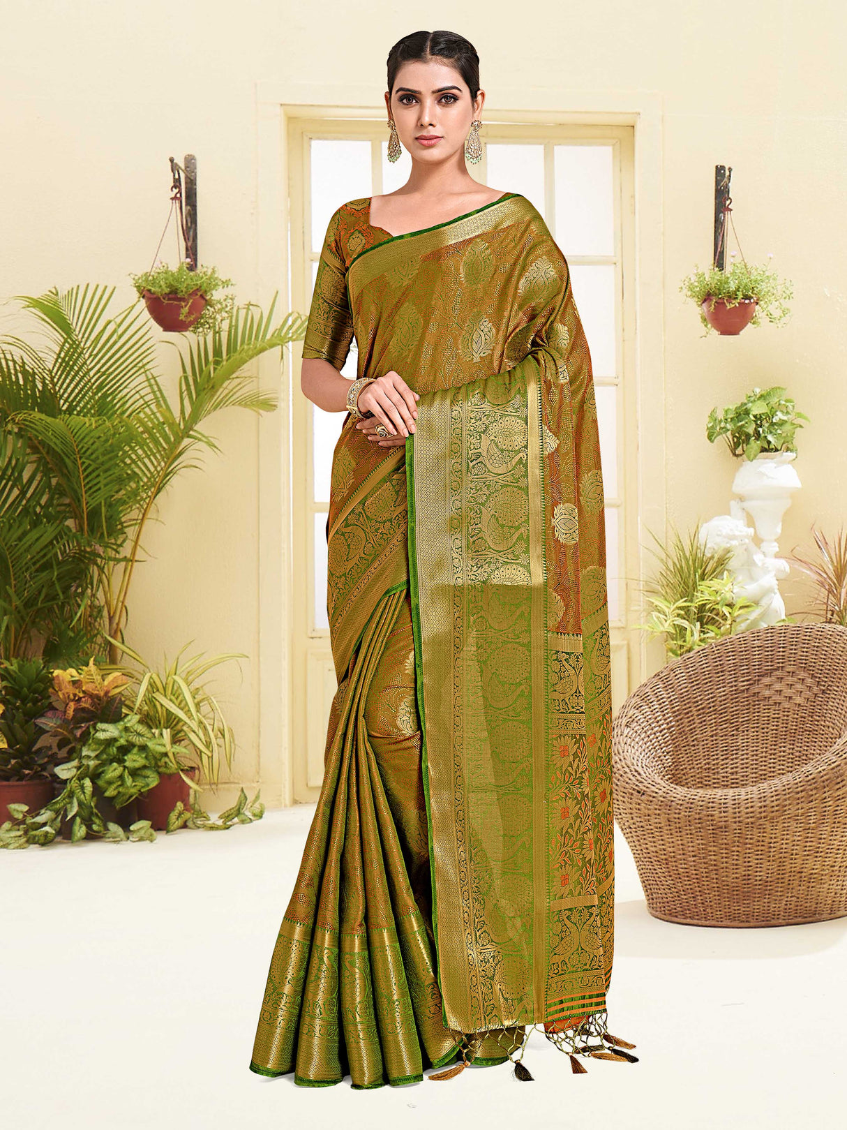 Mimosa Womens Art Silk Saree Kanjivaram Olive Color