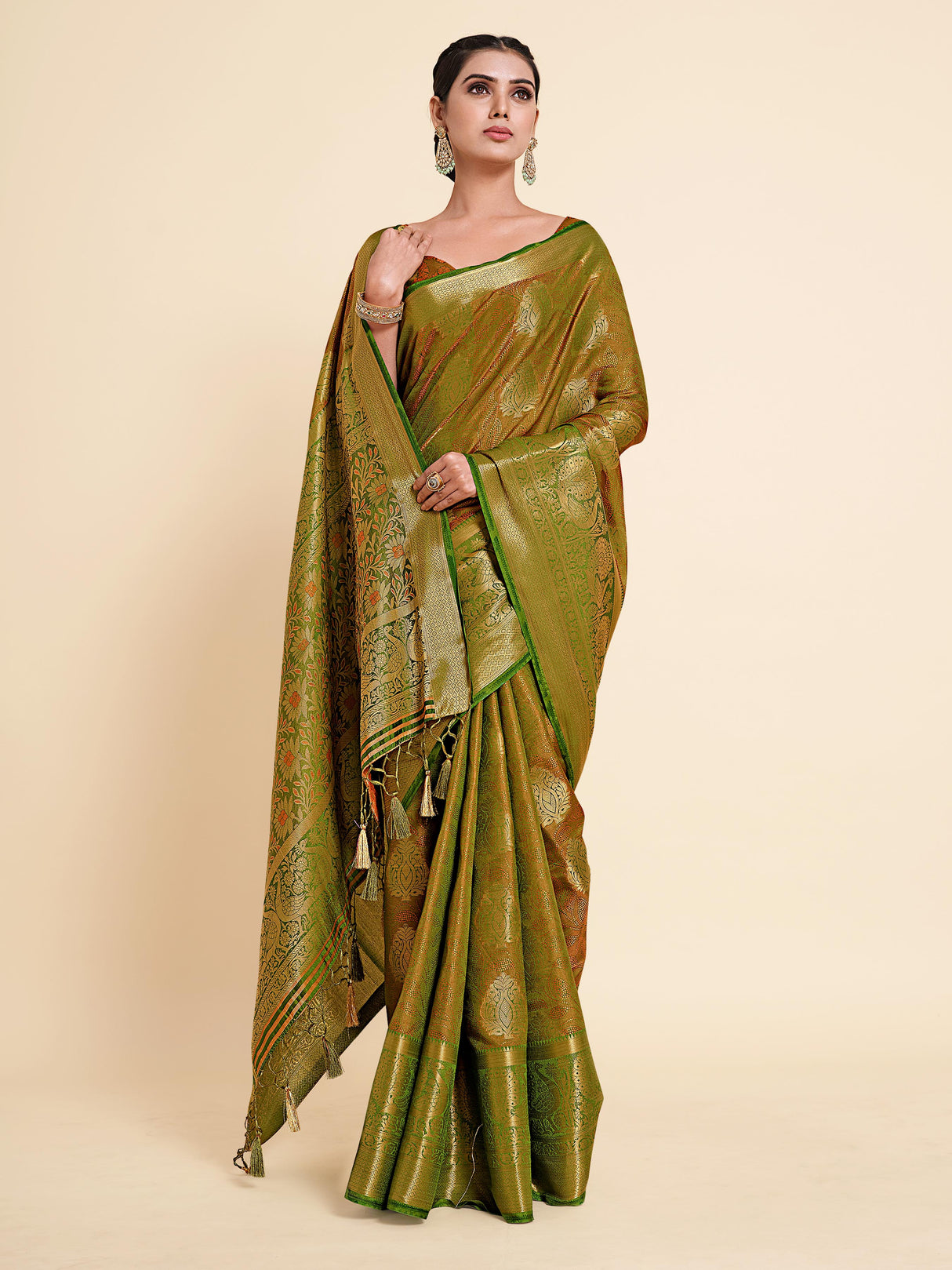 Mimosa Womens Art Silk Saree Kanjivaram Olive Color