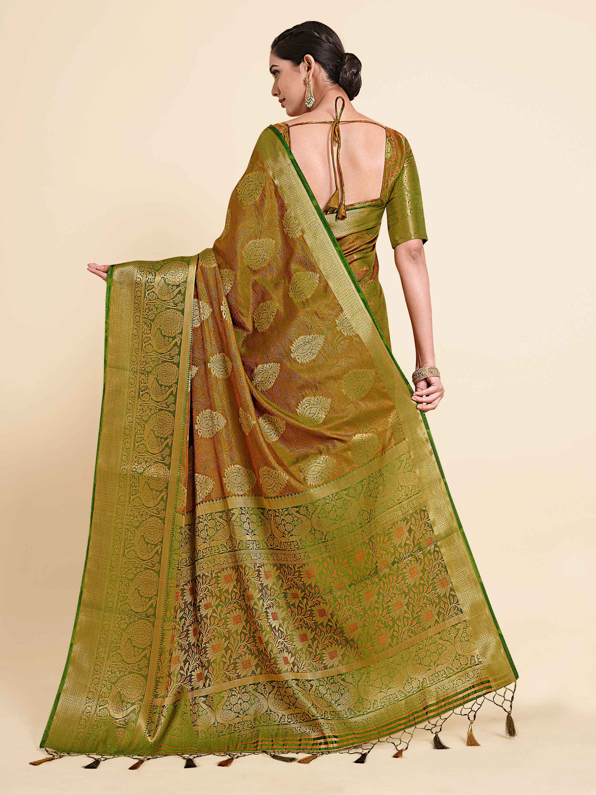 Mimosa Womens Art Silk Saree Kanjivaram Olive Color