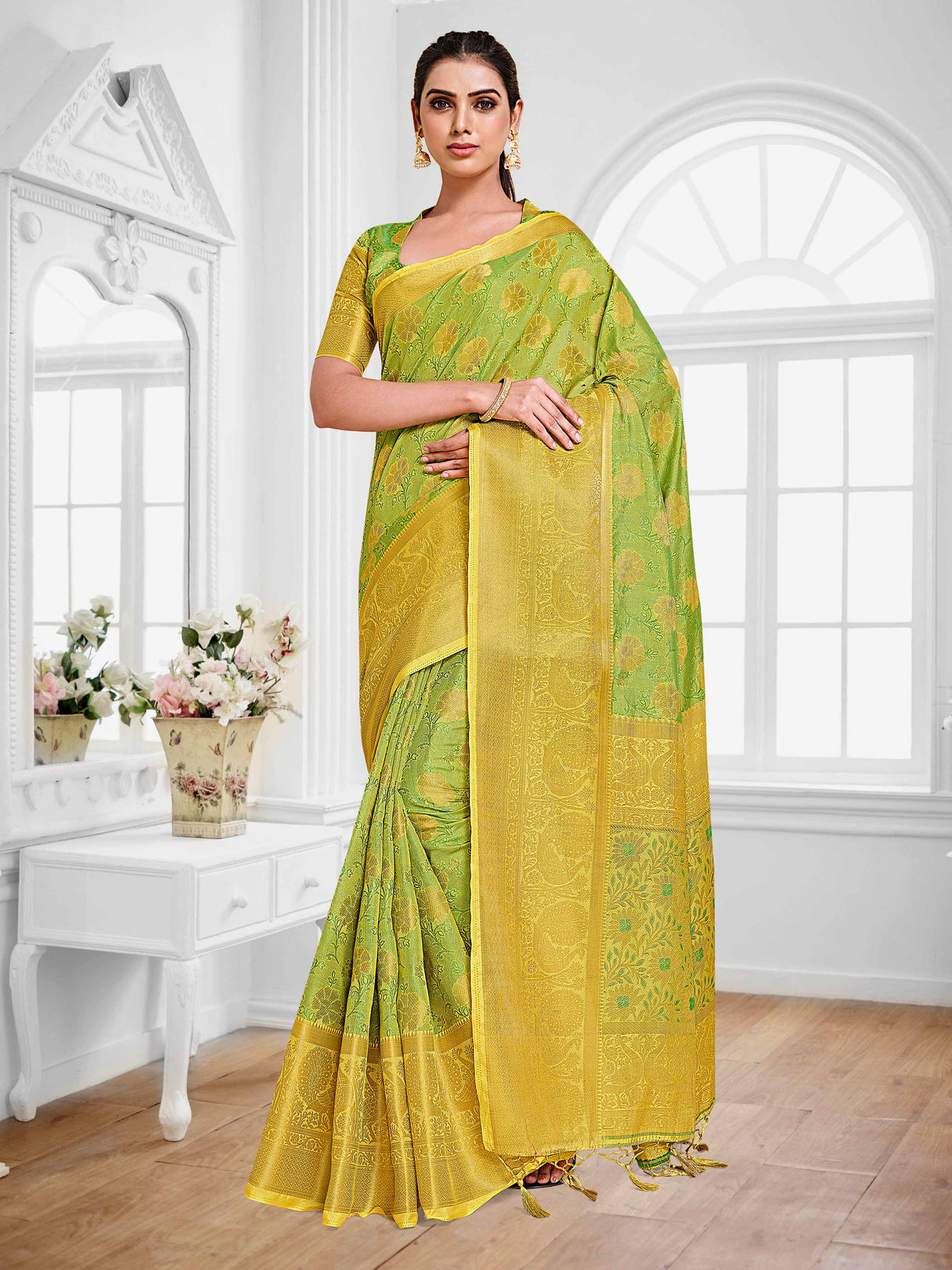 Mimosa Womens Art Silk Saree Kanjivaram Yellow Color