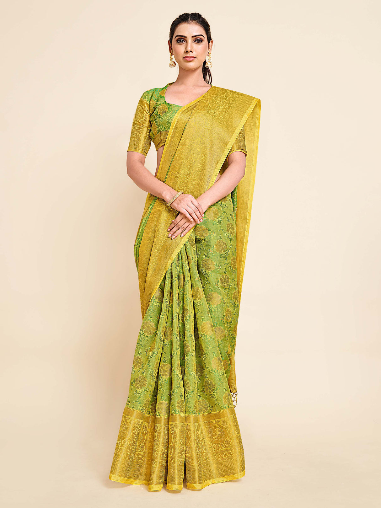 Mimosa Womens Art Silk Saree Kanjivaram Yellow Color