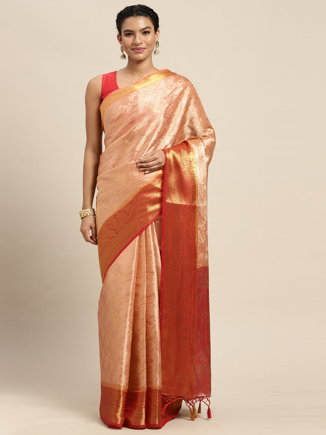 Mimosa Womens Art Silk Saree Kanjivaram Peach Color