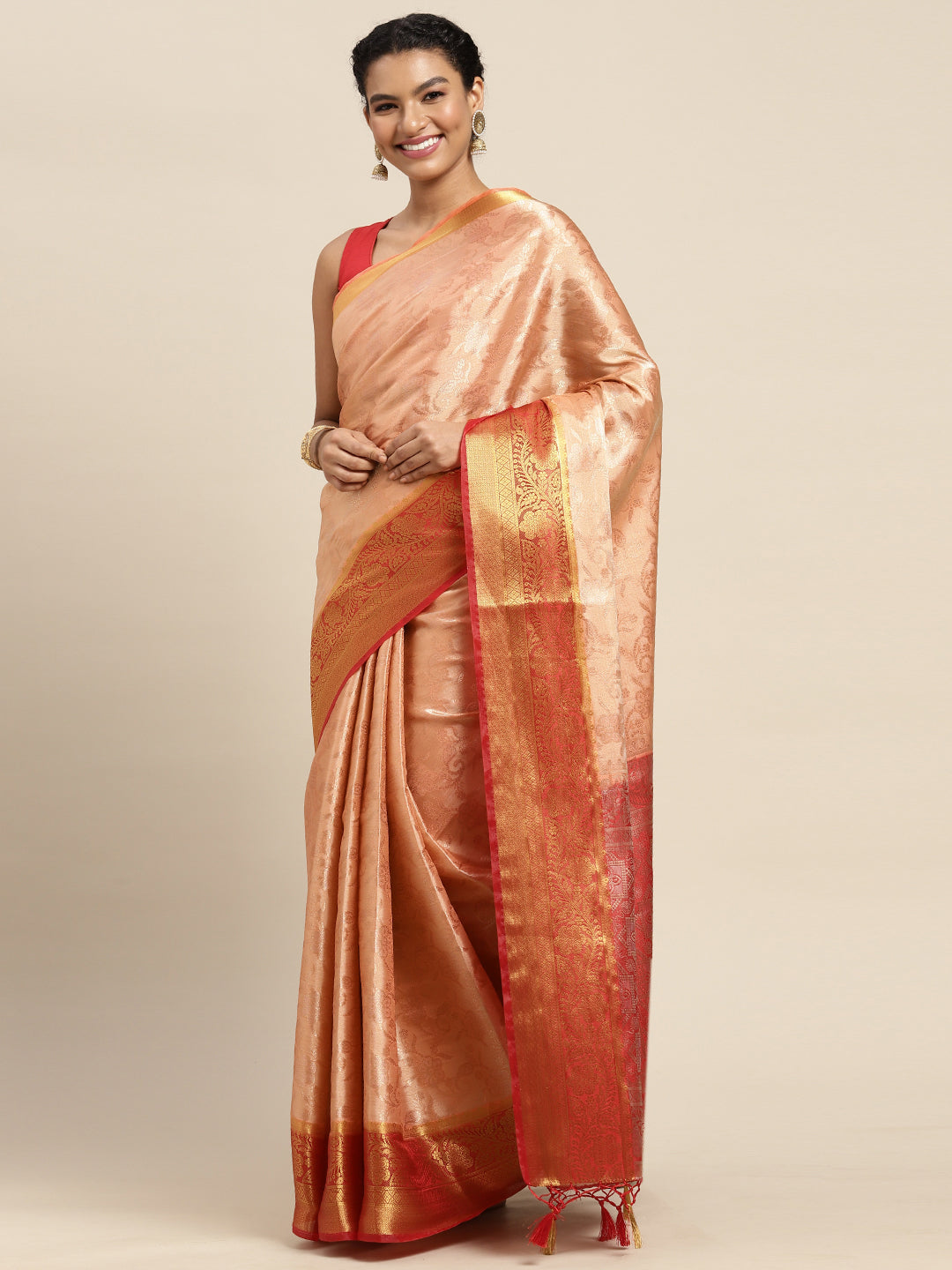 Mimosa Womens Art Silk Saree Kanjivaram Peach Color