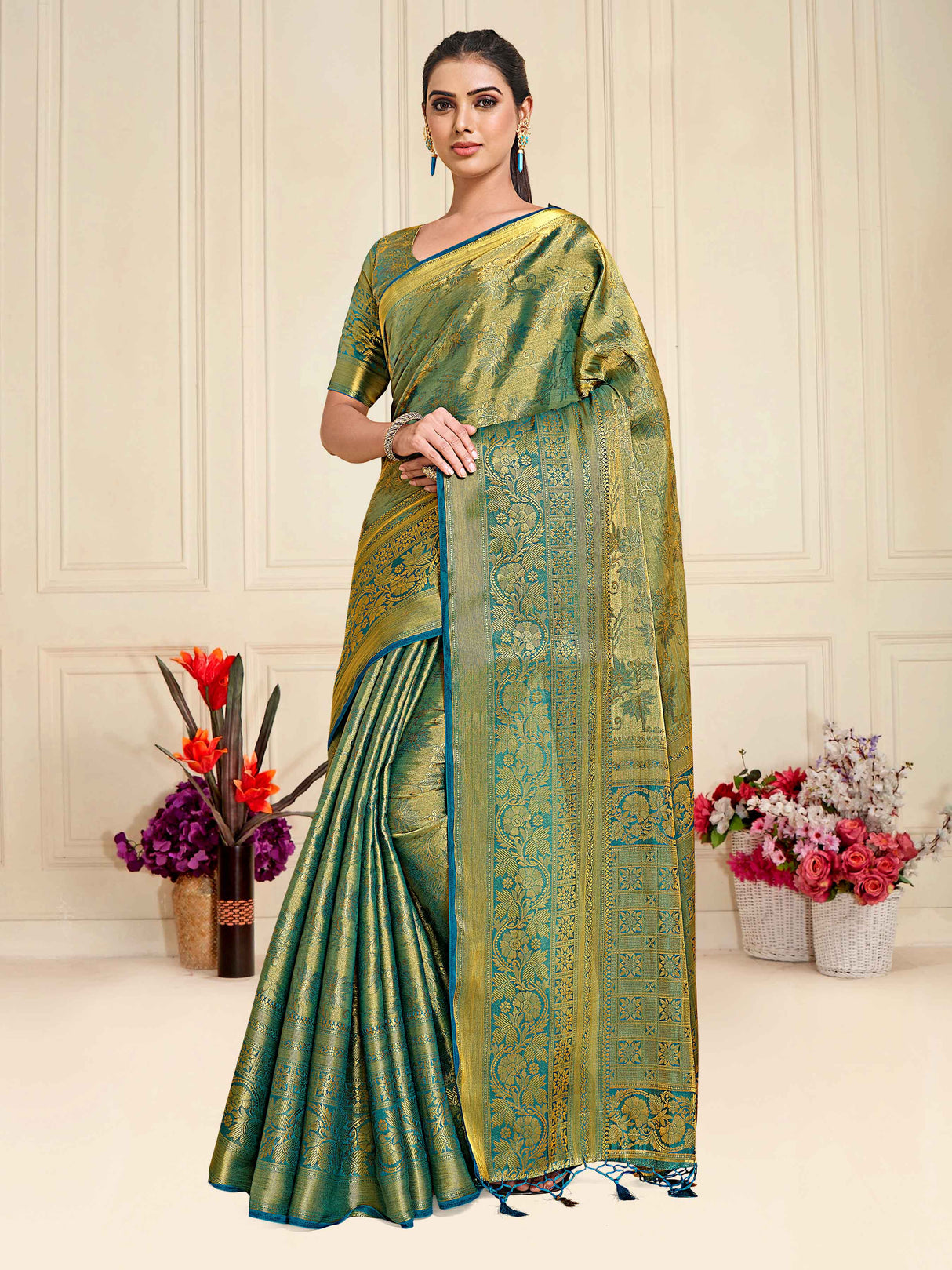 Mimosa Womens Art Silk Saree Kanjivaram Saffire Color