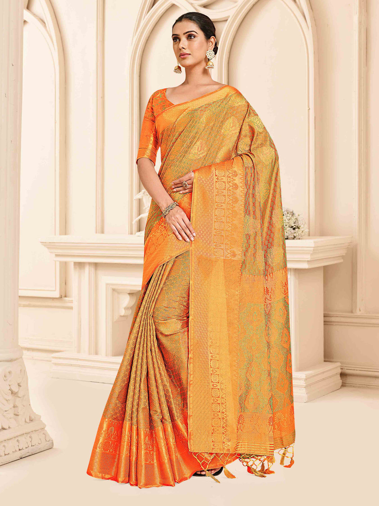 Mimosa Womens Art Silk Saree Kanjivaram Orange Color