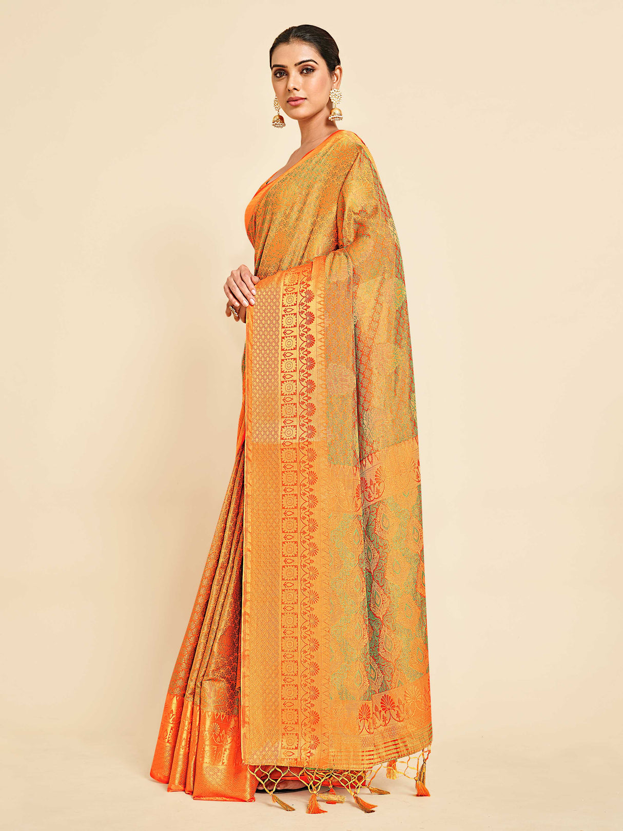 Mimosa Womens Art Silk Saree Kanjivaram Orange Color