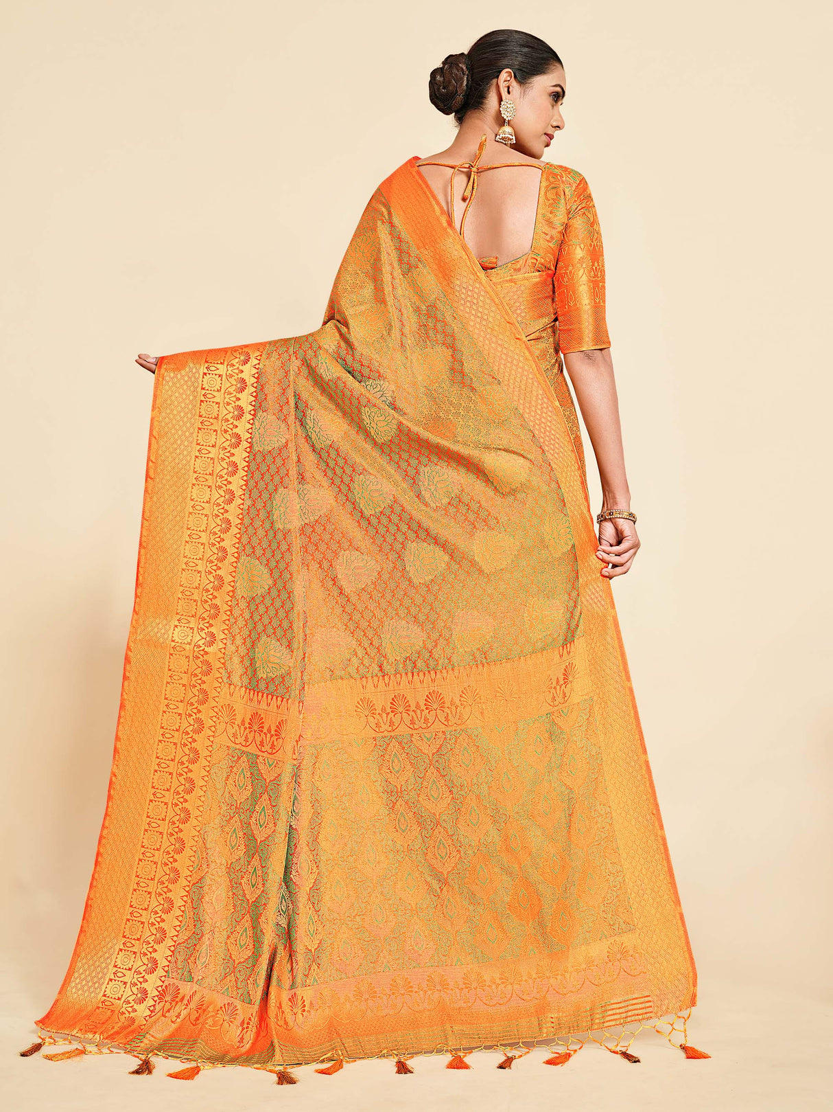 Mimosa Womens Art Silk Saree Kanjivaram Orange Color