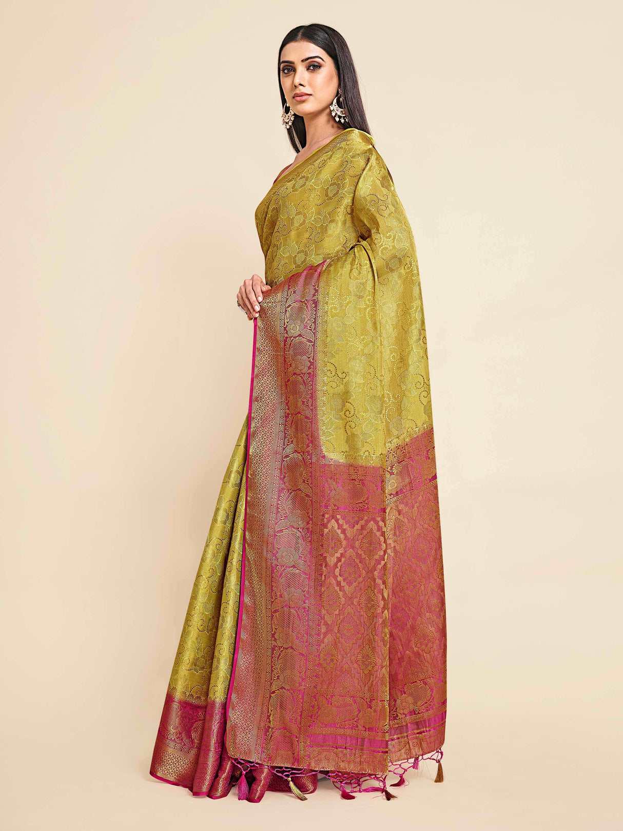 Mimosa Womens Art Silk Saree Kanjivaram Yellow Color