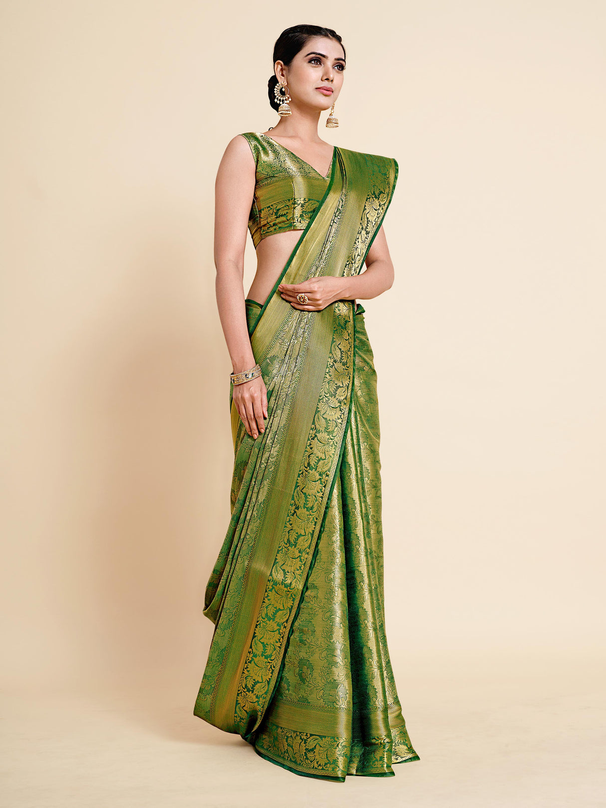 Mimosa Womens Art Silk Saree Kanjivaram Olive Color