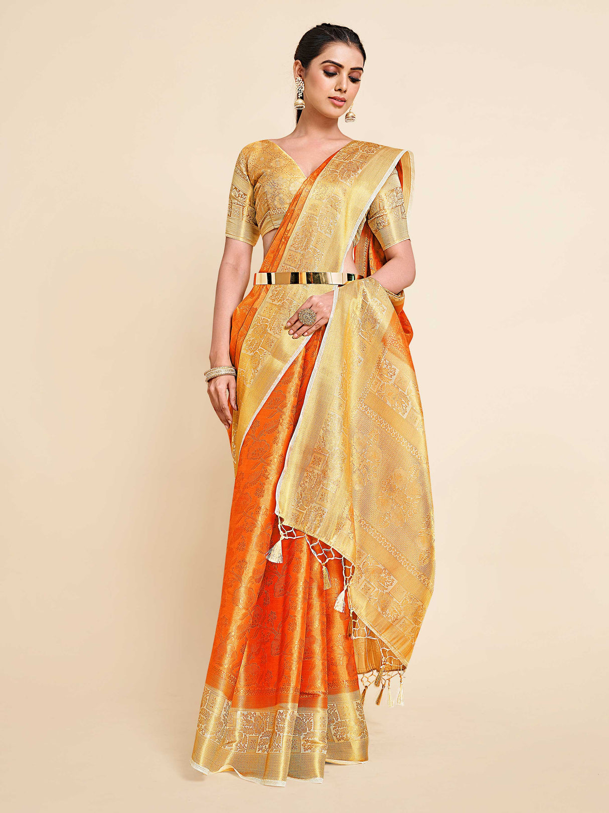 Mimosa Womens Art Silk Saree Kanjivaram Orange Color