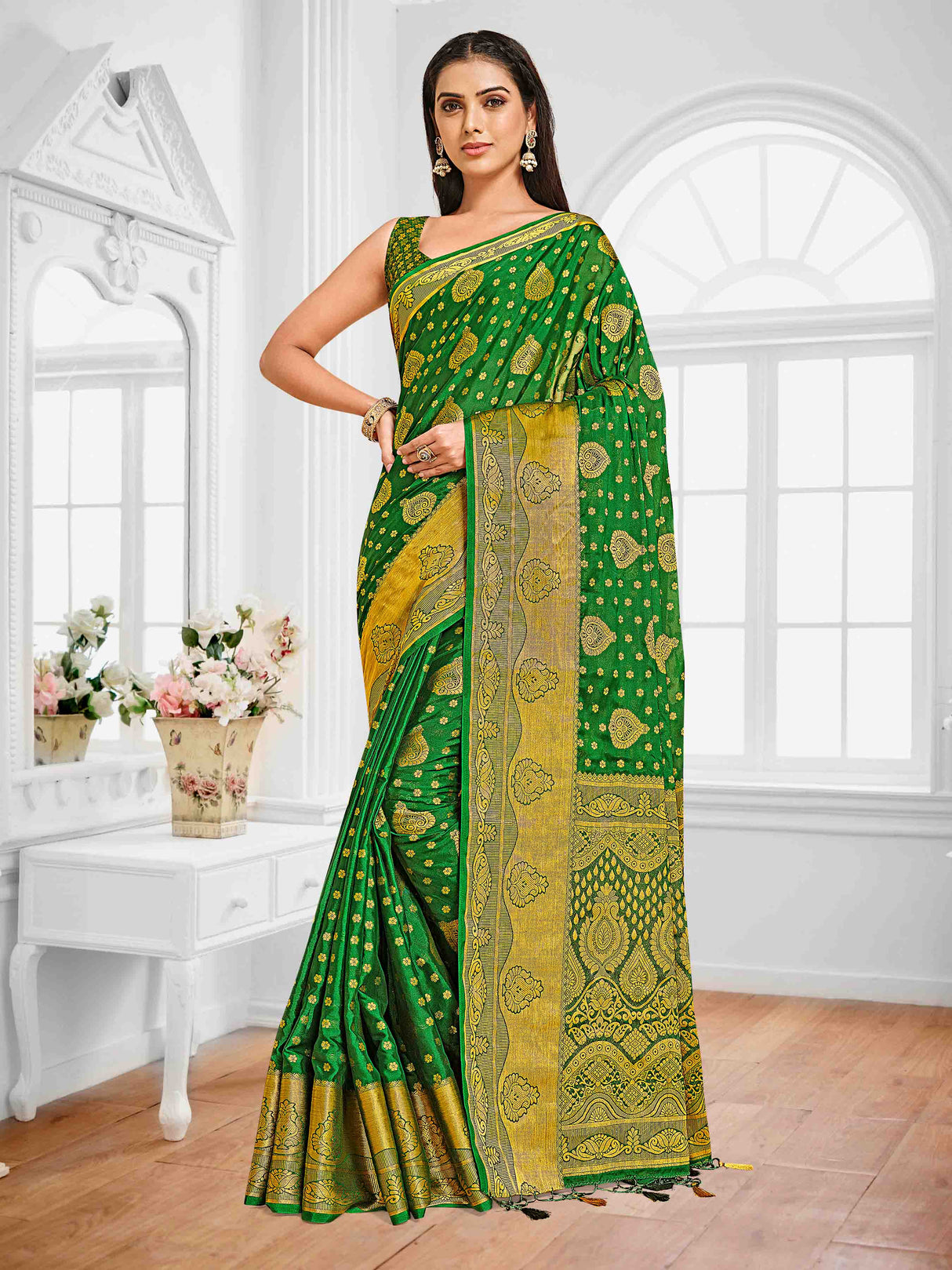 Mimosa Womens Crepe Saree Mysore Silk Green Color