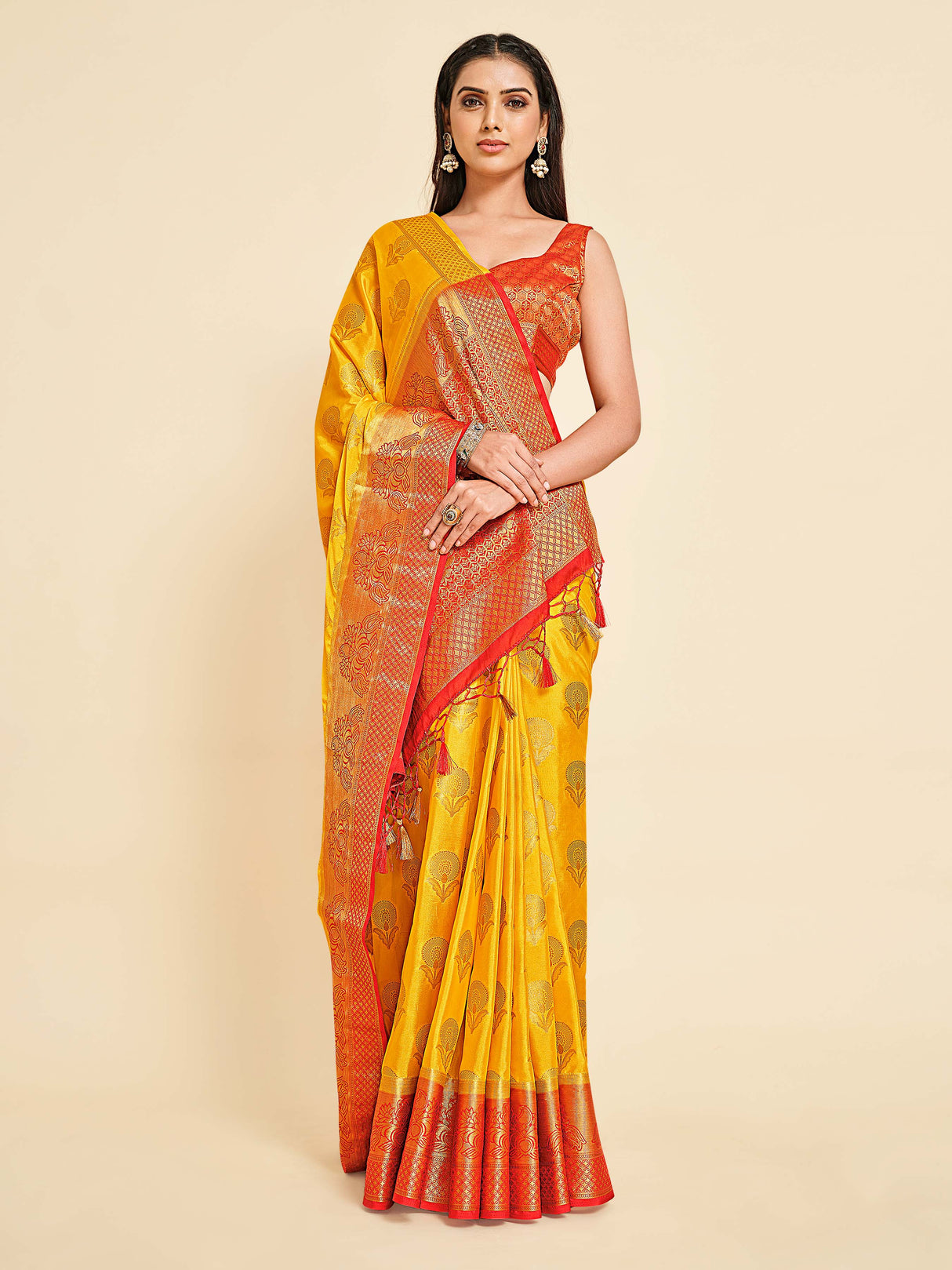 Mimosa Womens Crepe Saree Mysore Silk Gold Color