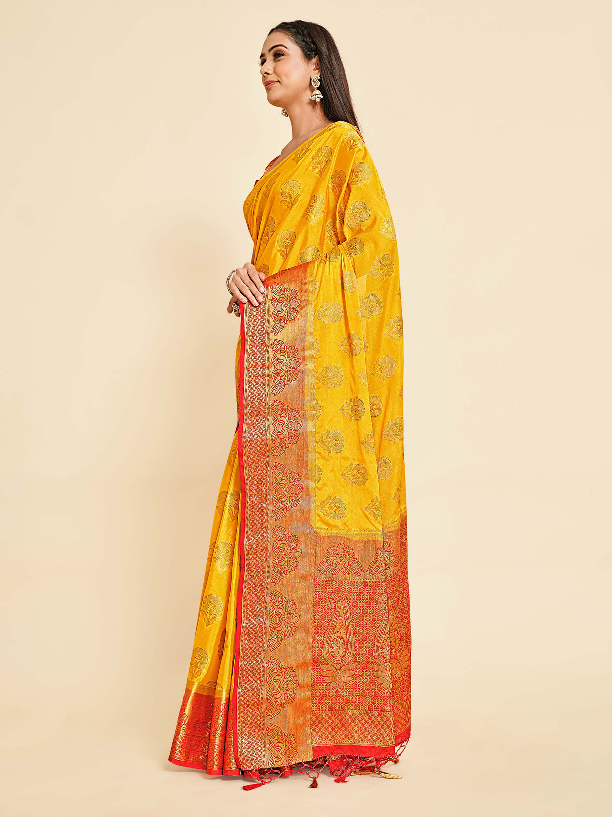 Mimosa Womens Crepe Saree Mysore Silk Gold Color