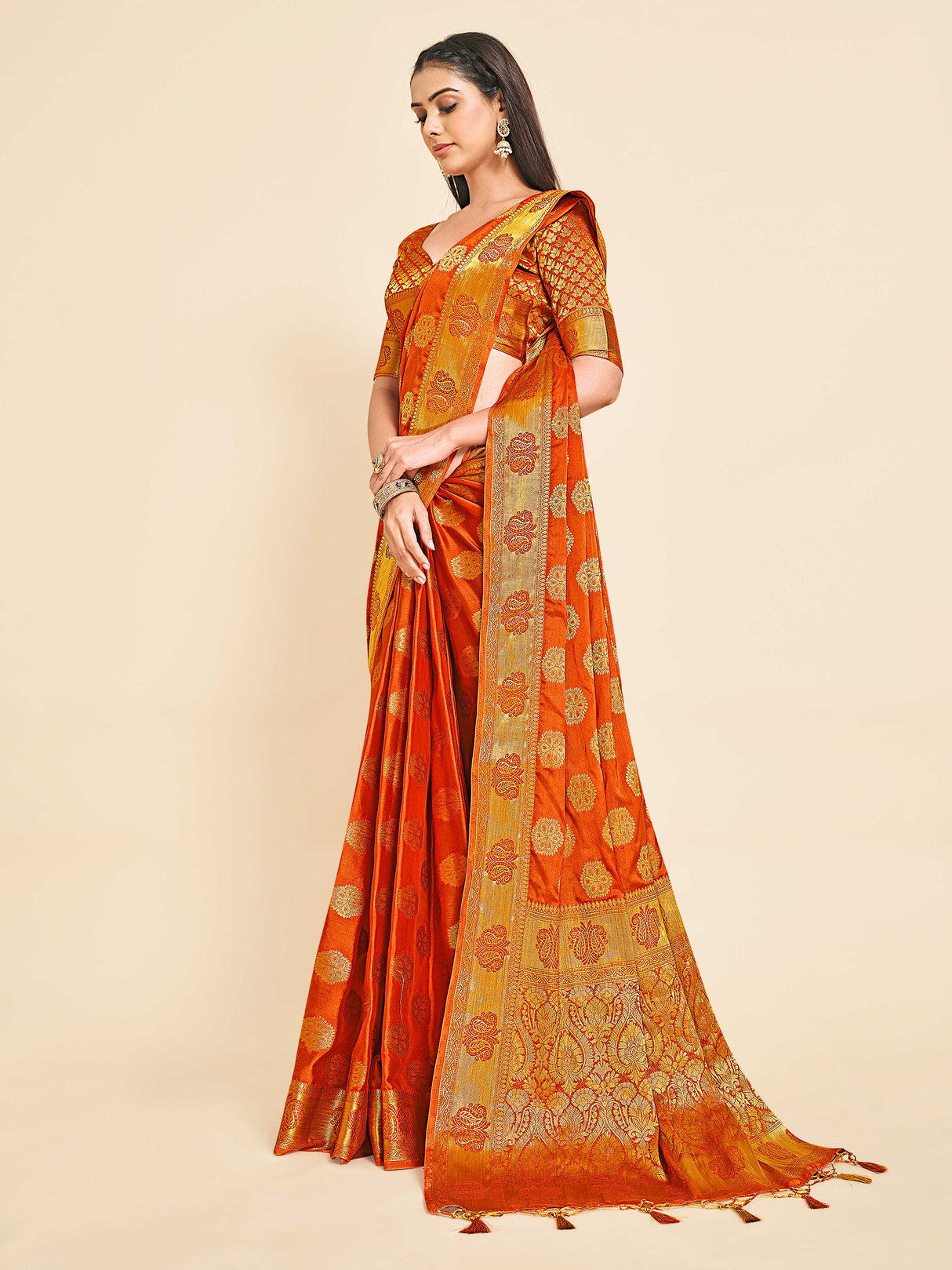 Mimosa Womens Crepe Saree Mysore Silk Rust Color