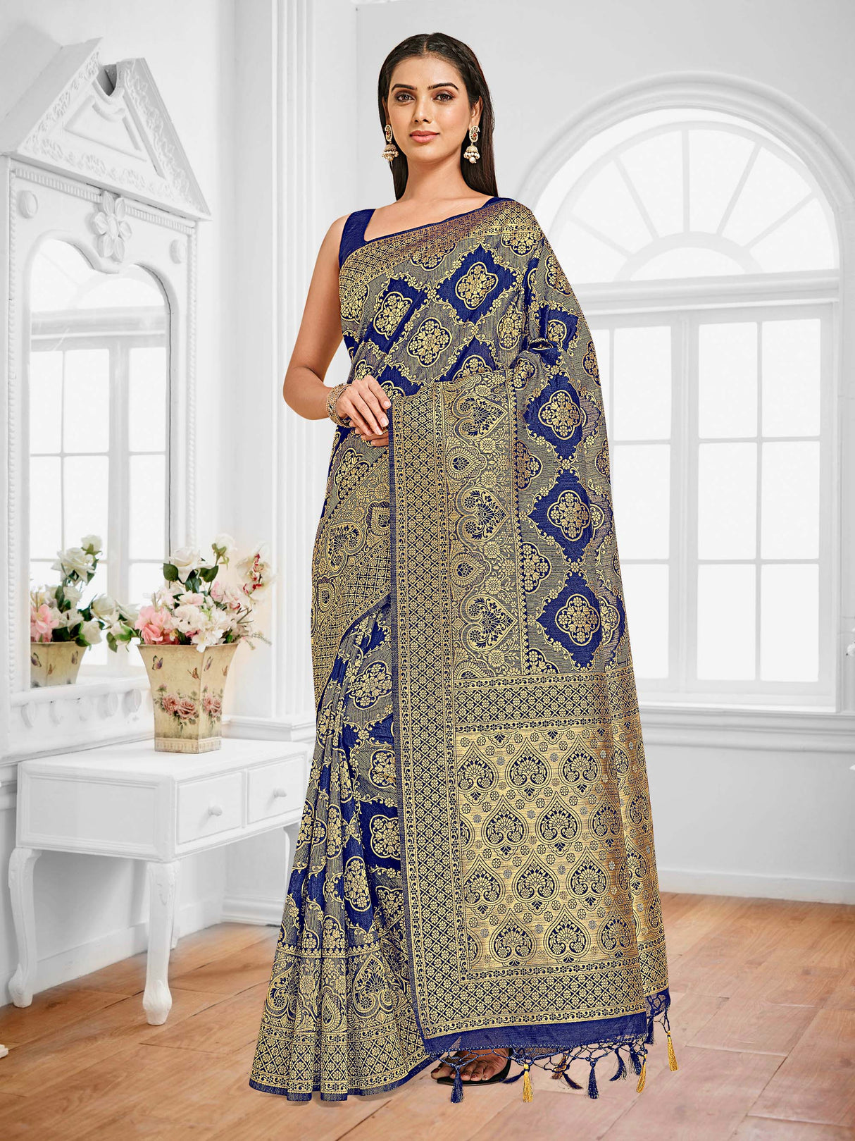 Mimosa Womens Art Silk Saree Kanjivaram Navy Blue Color