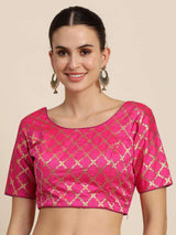 Mimosa Women Magenta & Golden Woven Design Readymade Saree Blouse