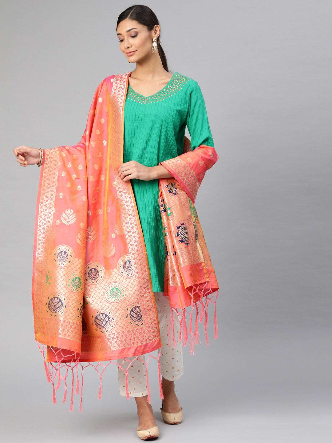 Mimosa Coral Peach & Gold-Toned Woven Design Dupatta