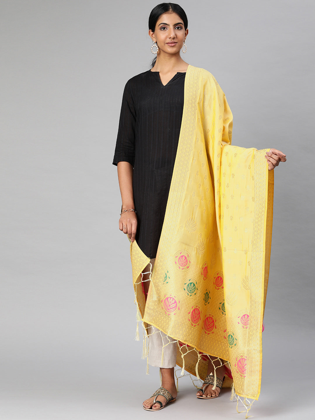 MIMOSA Yellow & Gold-Toned Woven Design Dupatta