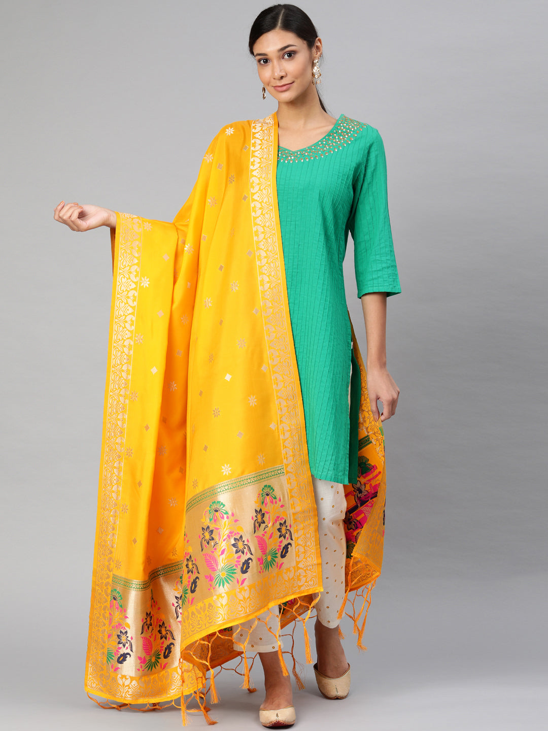 MIMOSA Yellow & Gold-Toned Woven Design Dupatta