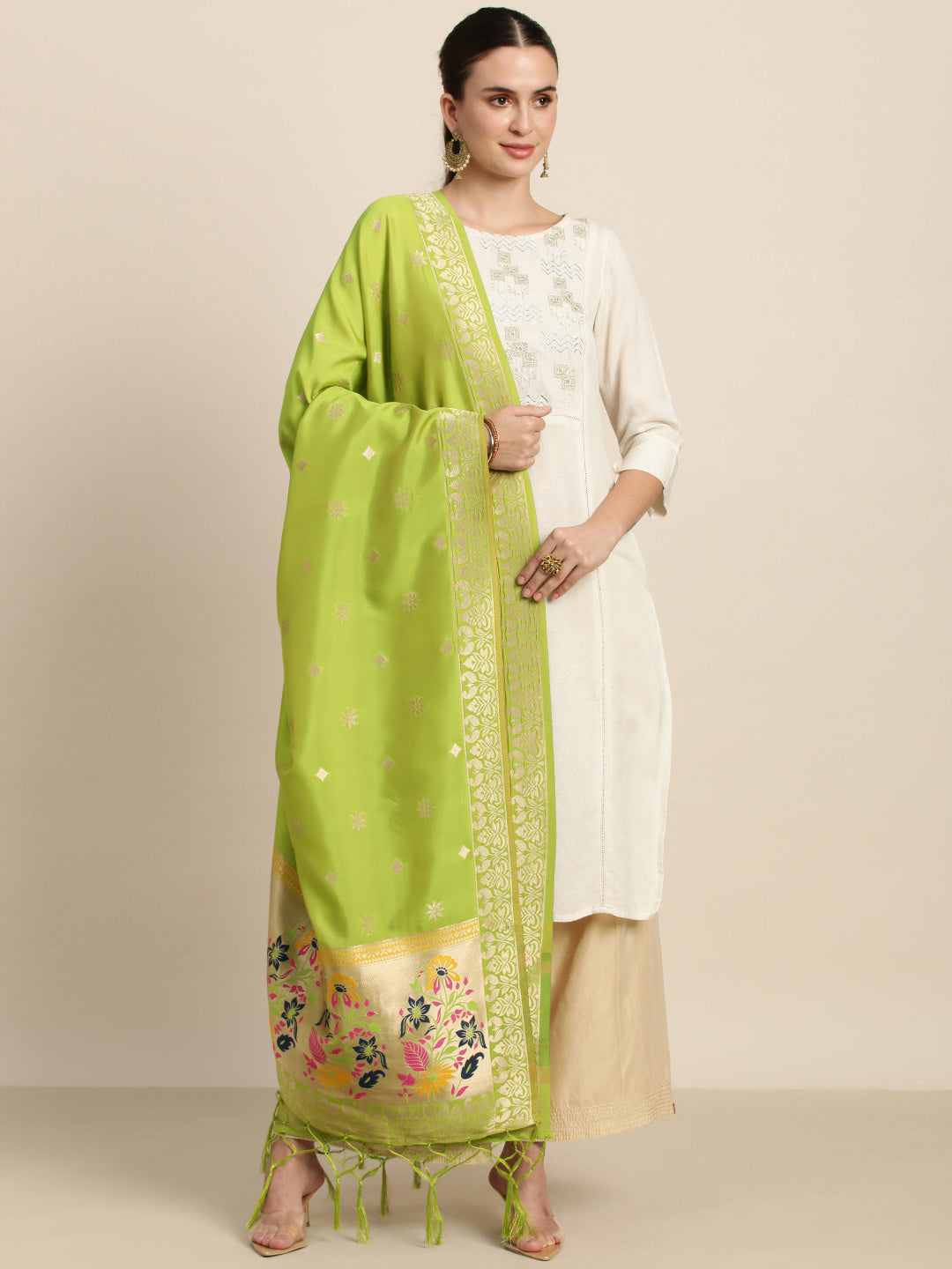 MIMOSA Olive Green Woven Design Art Silk Dupatta with Zari