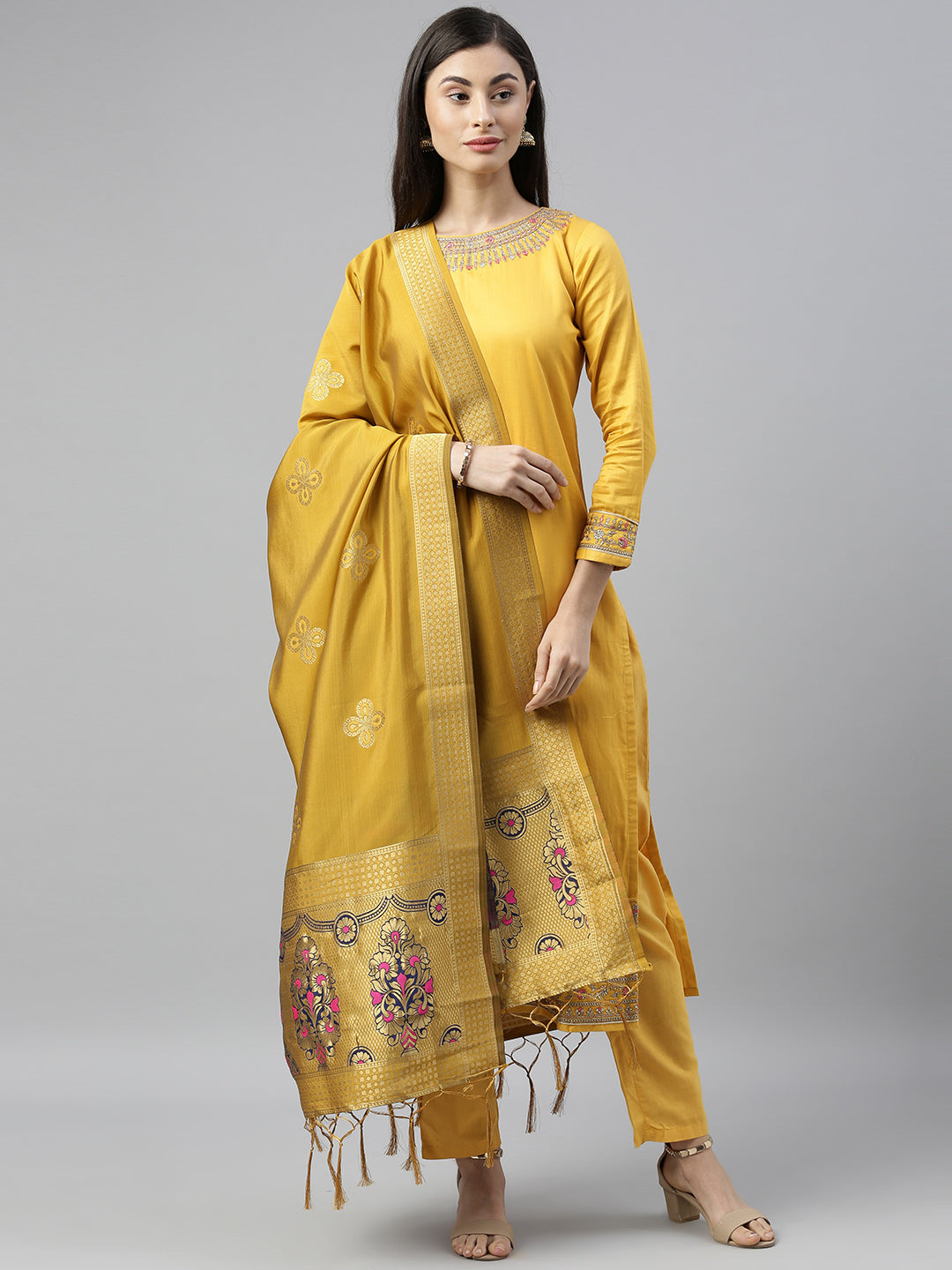 MIMOSA Yellow & Gold-Toned Woven Design Art Silk Dupatta