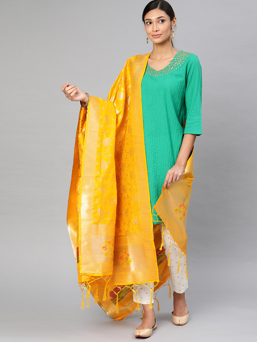 MIMOSA Yellow & Gold-Toned Woven Design Dupatta