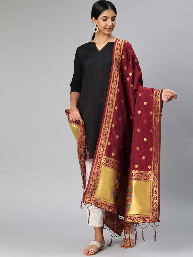 MIMOSA Maroon & Gold-Toned Woven Design Dupatta