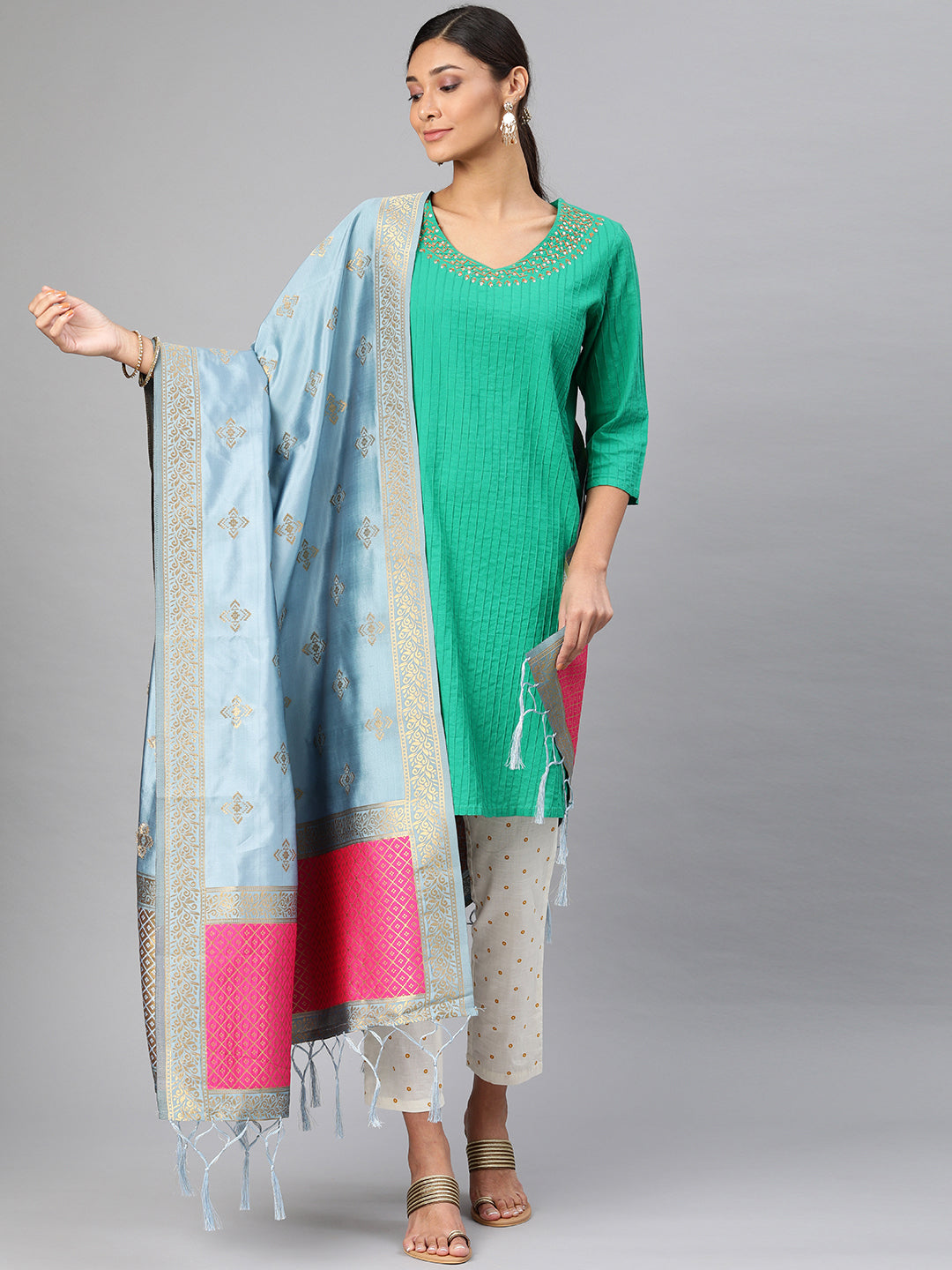 MIMOSA Blue & Gold-Toned Woven Design Dupatta