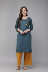 MIMOSA Cotton Navy Blue Colour Solid Straight Casual Kurta For Women