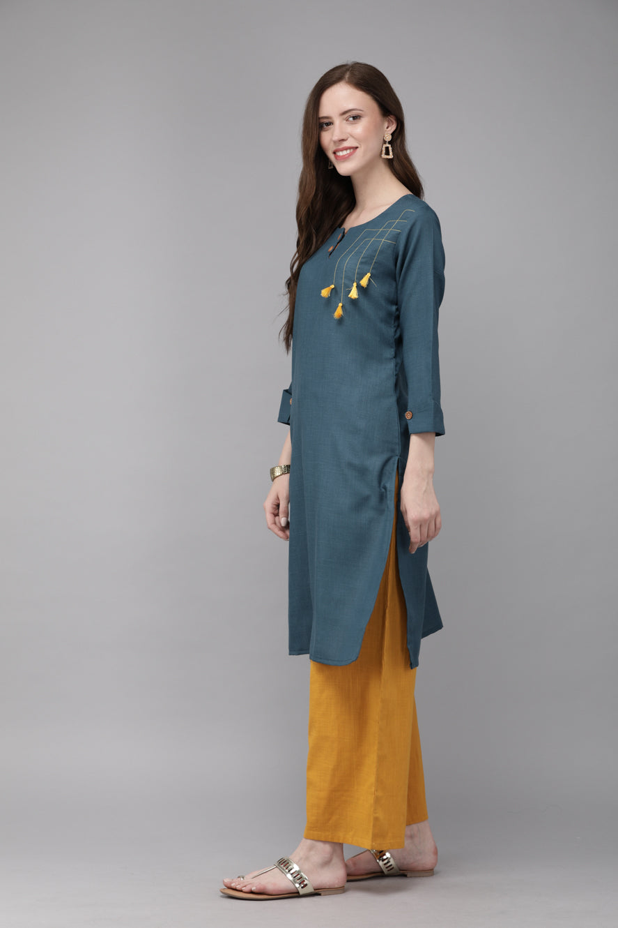 MIMOSA Cotton Navy Blue Colour Solid Straight Casual Kurta For Women