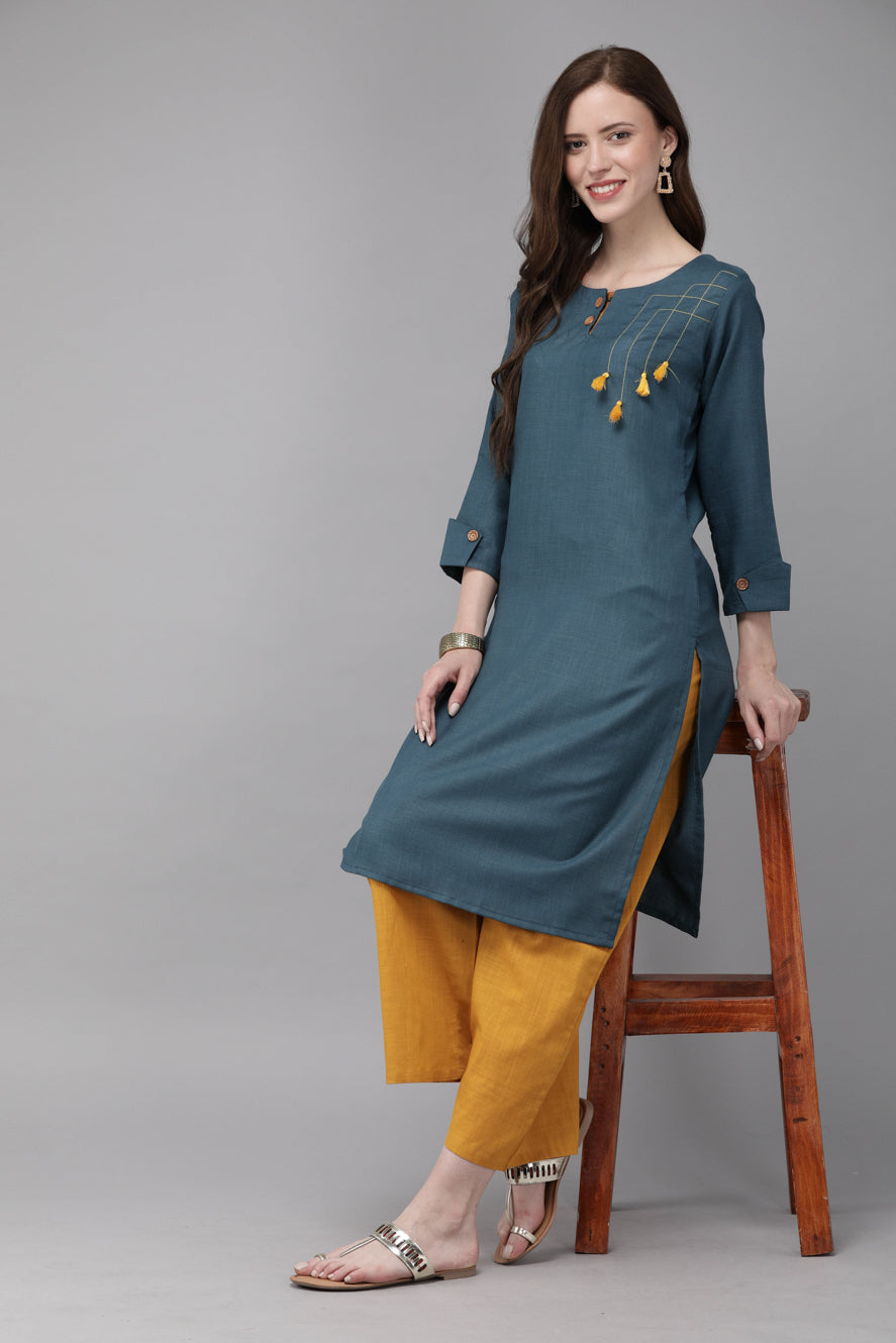 MIMOSA Cotton Navy Blue Colour Solid Straight Casual Kurta For Women