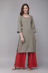 MIMOSA Cotton Khaki Colour Embroidered Straight Casual Kurta For Women