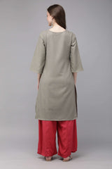 MIMOSA Cotton Khaki Colour Embroidered Straight Casual Kurta For Women