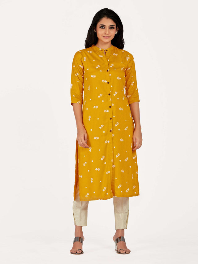 Mimosa Women Mustard Yellow Color Printed Straight Kurta