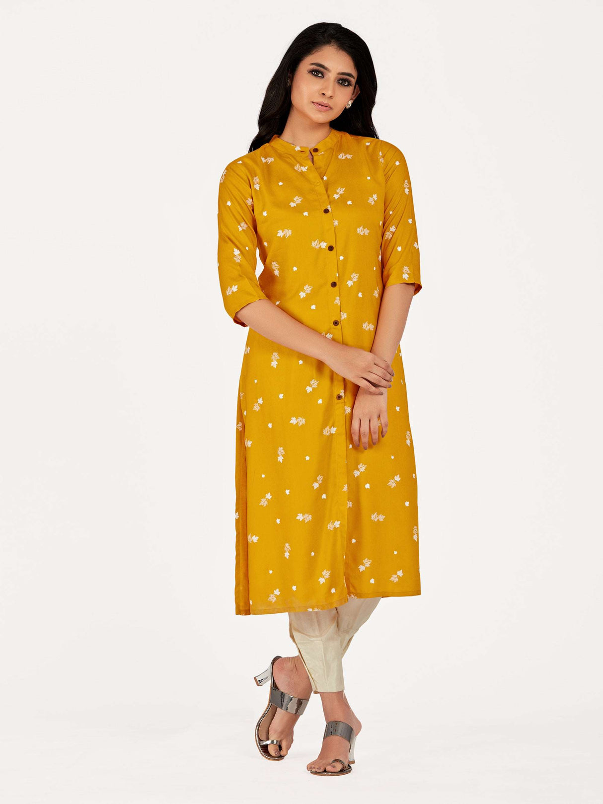 Mimosa Women Mustard Yellow Color Printed Straight Kurta