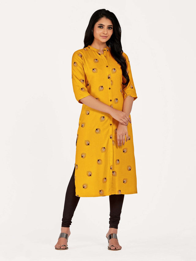 Mimosa Women Mustard Yellow Color Printed Straight Kurta