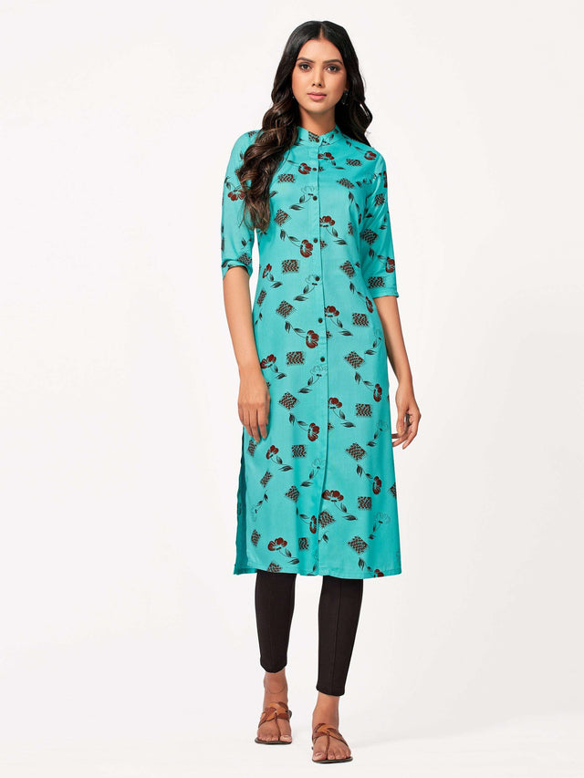 Mimosa Women Turquoise Blue Color Printed Straight Kurta