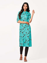 Mimosa Women Turquoise Blue Color Printed Straight Kurta