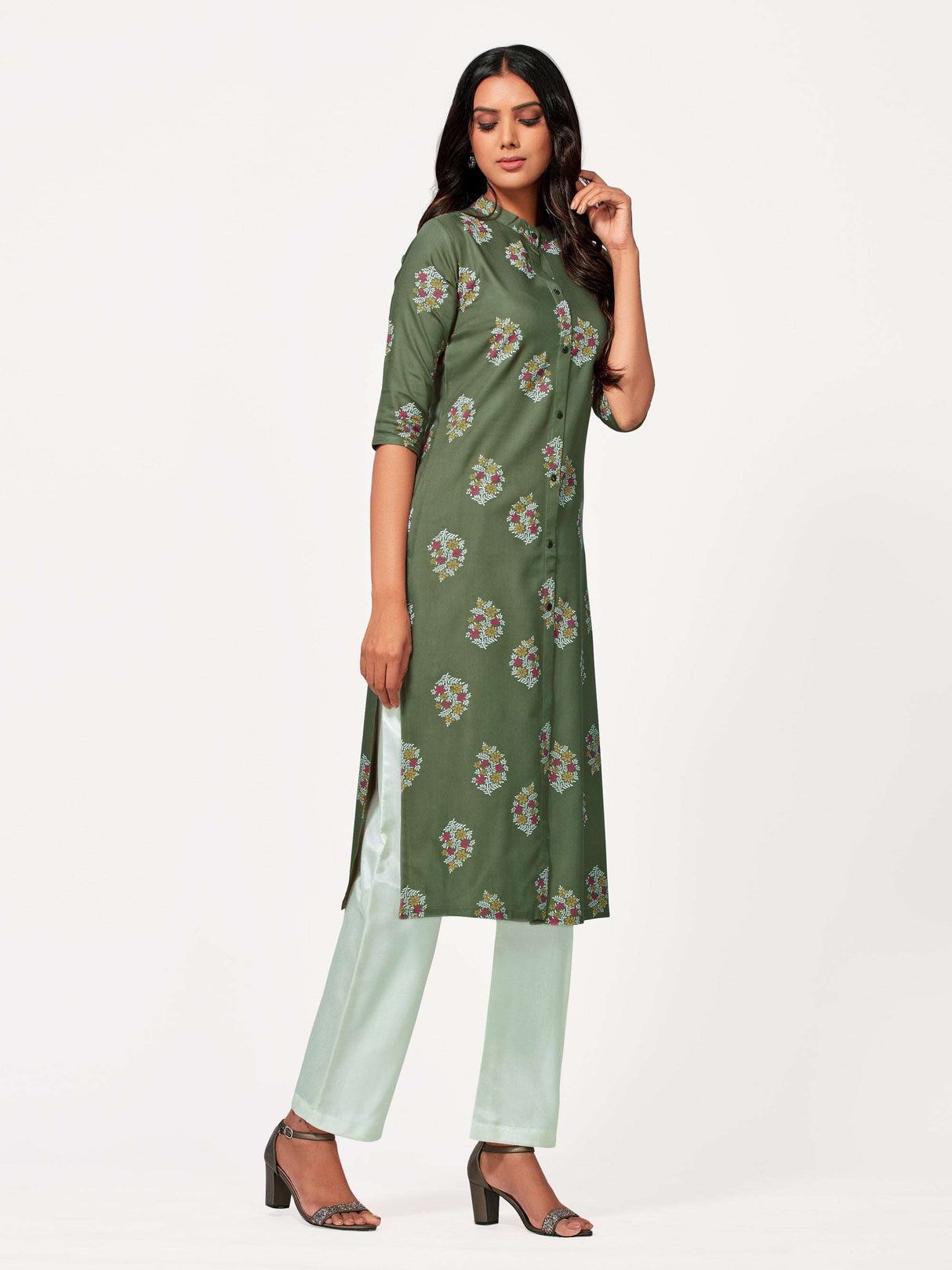 Mimosa Women Khaki Green Color Printed Straight Kurta