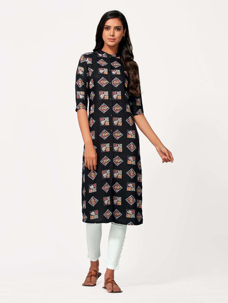 Mimosa Women Black Color Printed Straight Kurta