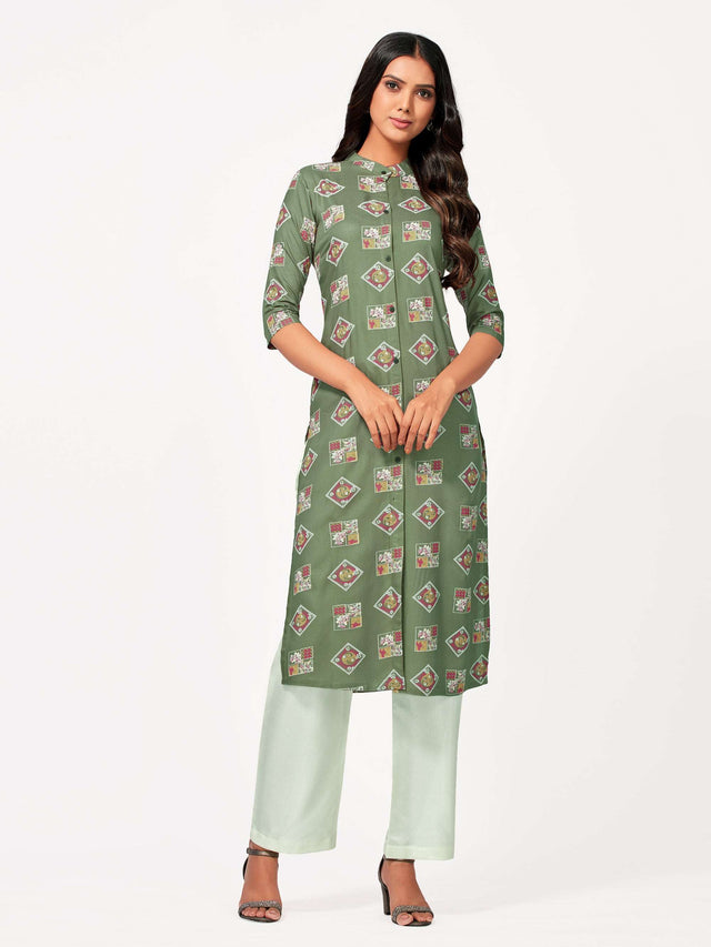 Mimosa Women Khaki Green Color Printed Straight Kurta