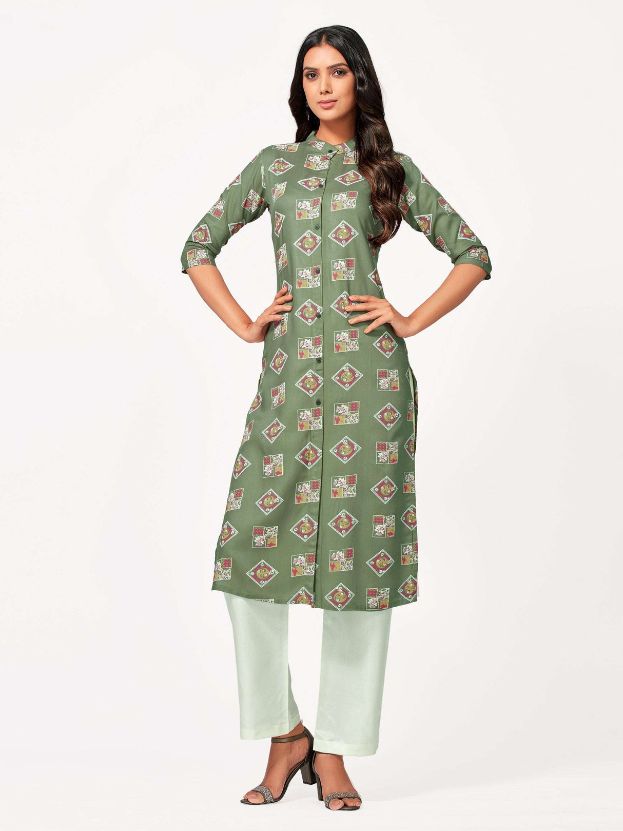 Mimosa Women Khaki Green Color Printed Straight Kurta